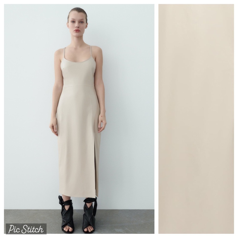 NWT. Zara Cream Faux Leather Slip Midi Dress. Size XS.